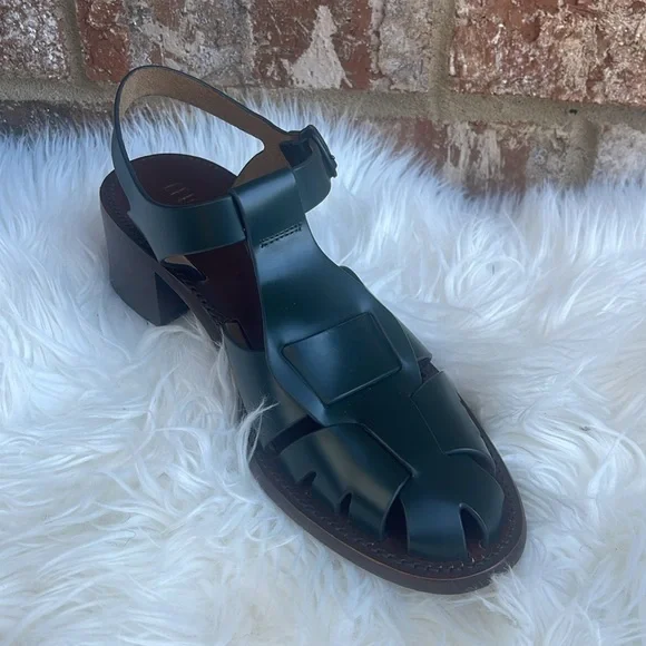 NEW Hereu Pesca Block Heel Fisherman Sandals Green Cutout Leather Shoes 40/US 10 - Picture 8 of 9